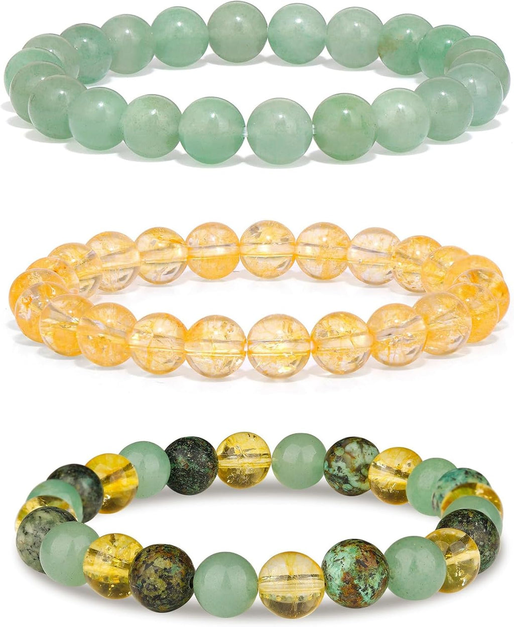 3pcs Wealth Money Bracelets,Healing Crystal Citrine African Turquoise Bracelets for Women Men,Lucky Feng Shui 8mm Natural Stone Green Aventurine Beaded Spiritual Gemstone Jewelry Gifts