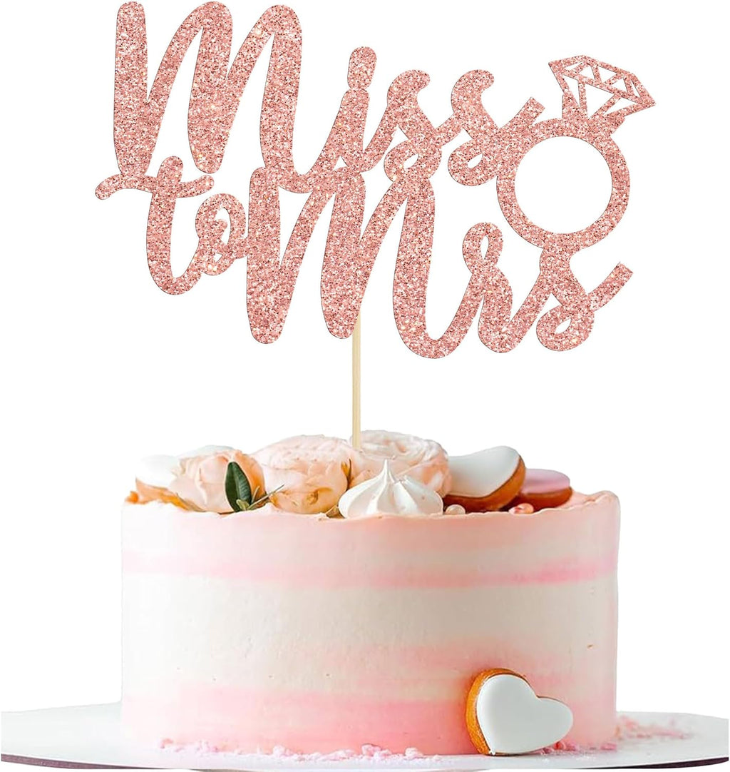 1Pc Miss to Mrs Cake Topper Rose Gold Glitter Wedding Bridal Shower with Ring Cake Decorations for Bridal Shower Wedding Engagement Bachelorette Party Supplies