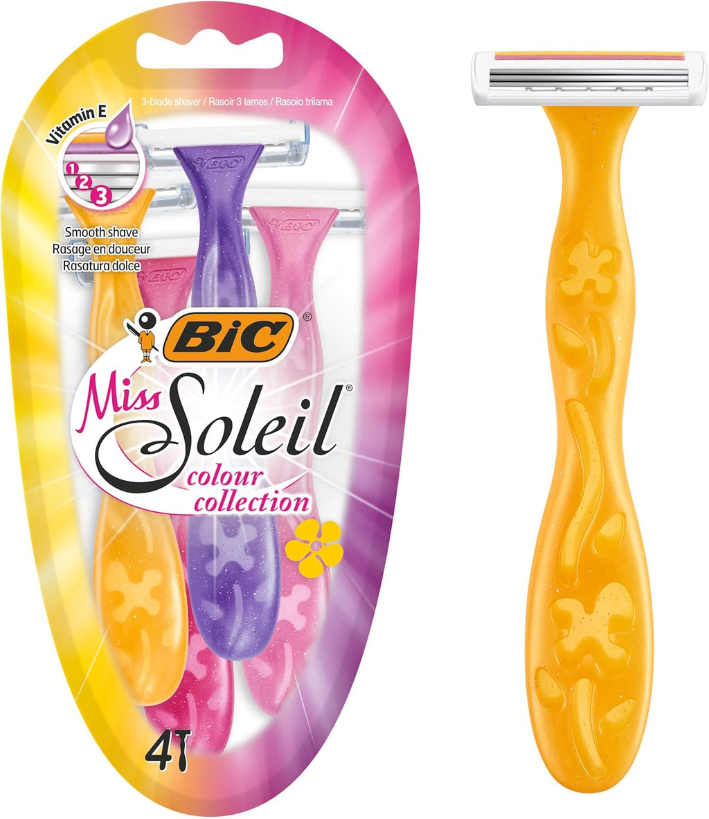 BIC Miss Soleil Colour Collection Lady Razors, Triple-Blade Razors, Vitamin E Enriched Lubricating Strip - Pack of 4