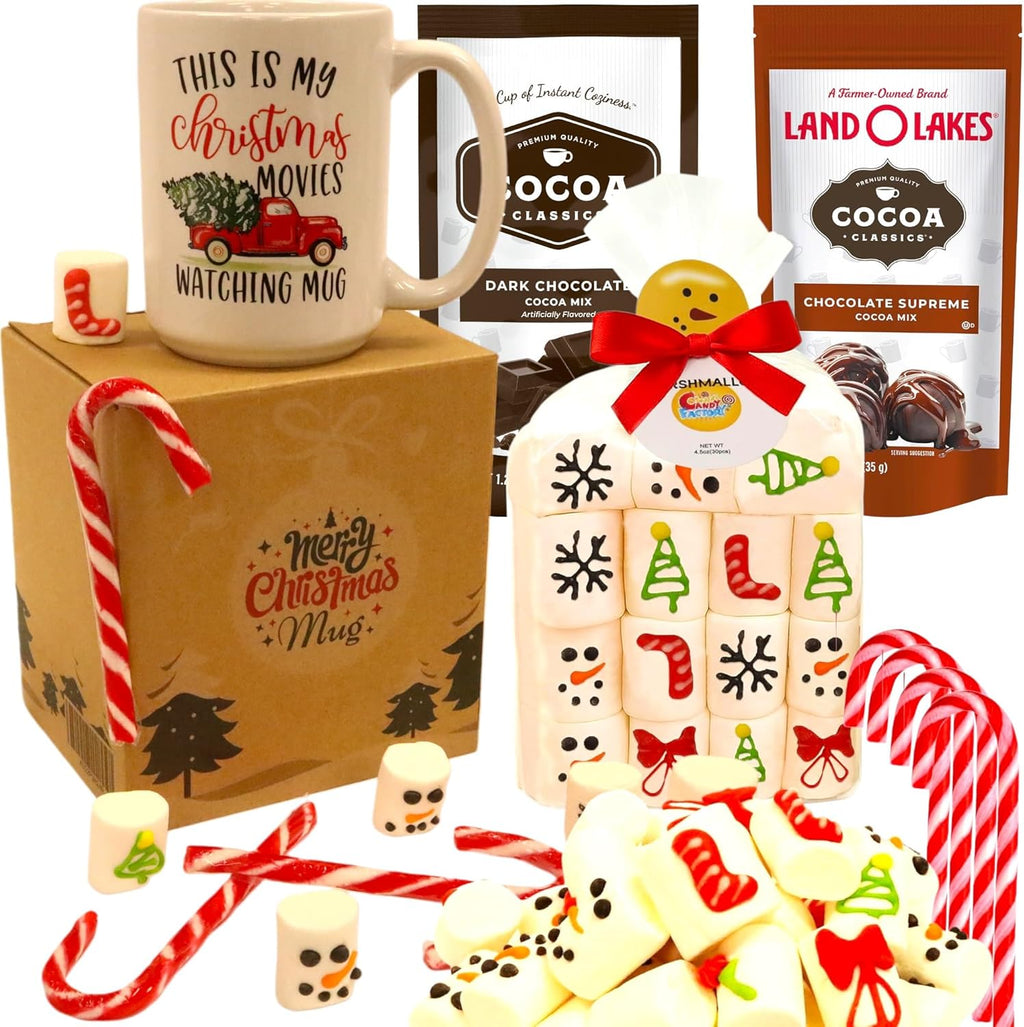 Marshmallow Gift Pack with Hot Cocoa, Candy Canes & 15oz Mug | 30 Count Holiday Gift Box with Soft Vanilla Marshmallows, 2 Cocoa Mixes & 4 Peppermint Candy Canes | Festive Gift Set for Family & Friends