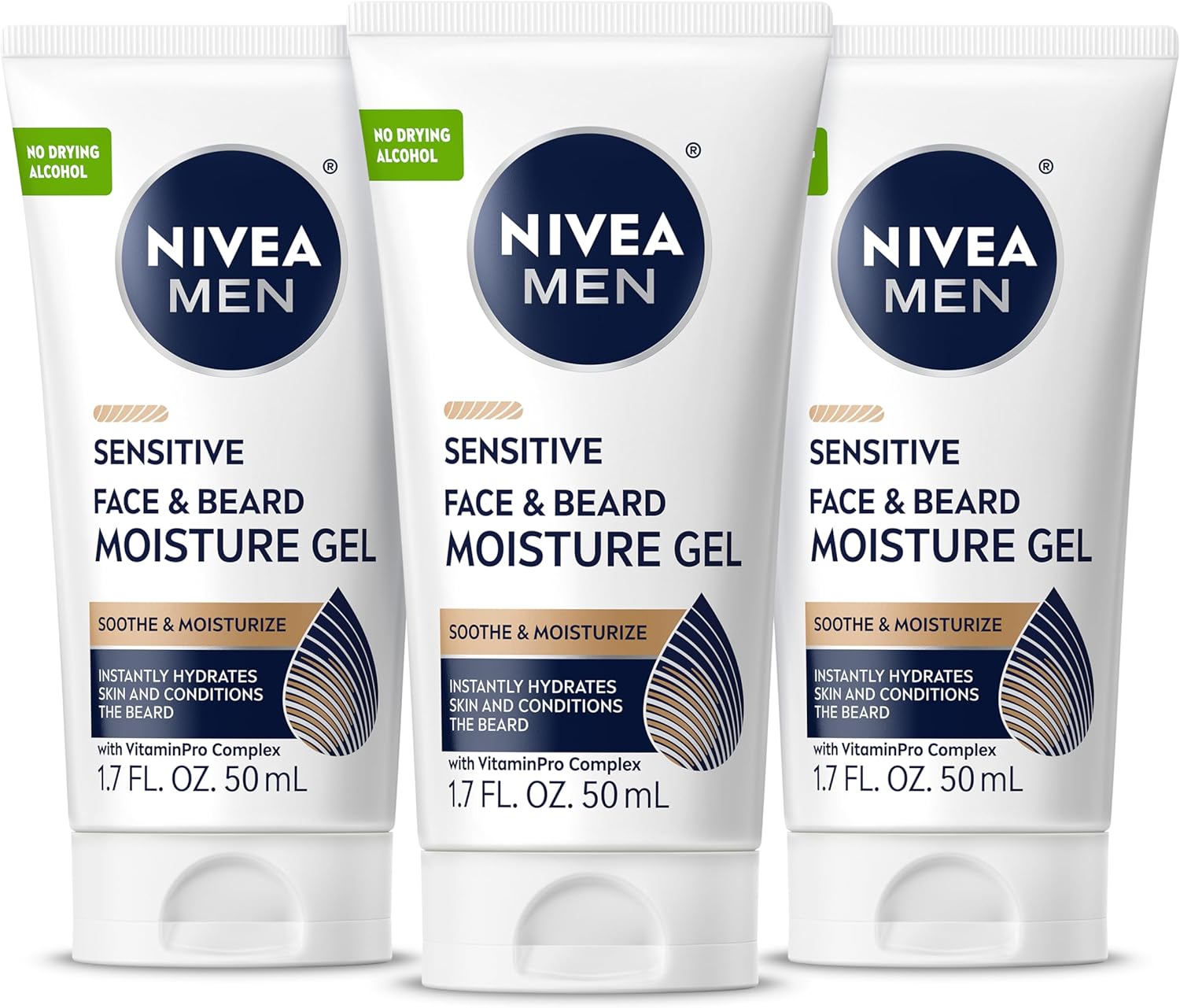 NIVEA MEN Sensitive Face and Beard Moisture Gel, Gentle Face and Beard Moisturizer for Men Instantly Hydrates Skin and Conditions Beards, 1.7 Fl Oz Tube, Pack of 3