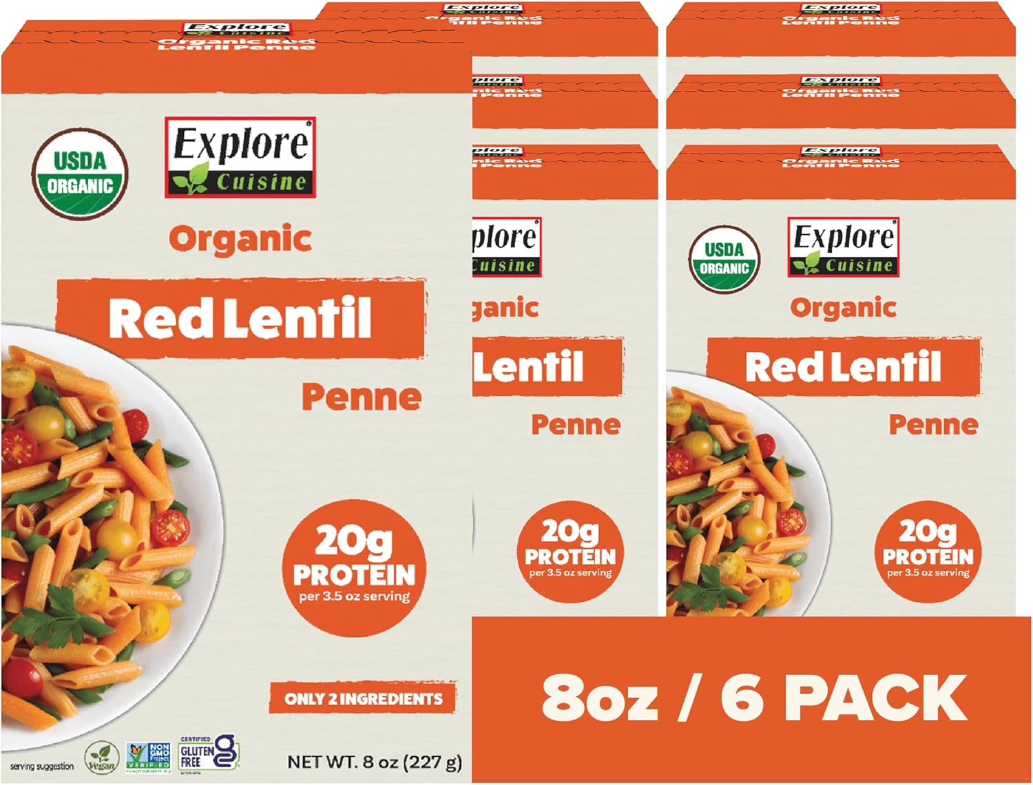 EXPLORE CUISINE Organic Red Lentil Penne - High Protein & Fiber, Gluten Free Pasta, Easy to Make - Organic, Non GMO - 24 Total Servings, 8 Ounce (Pack of 6)
