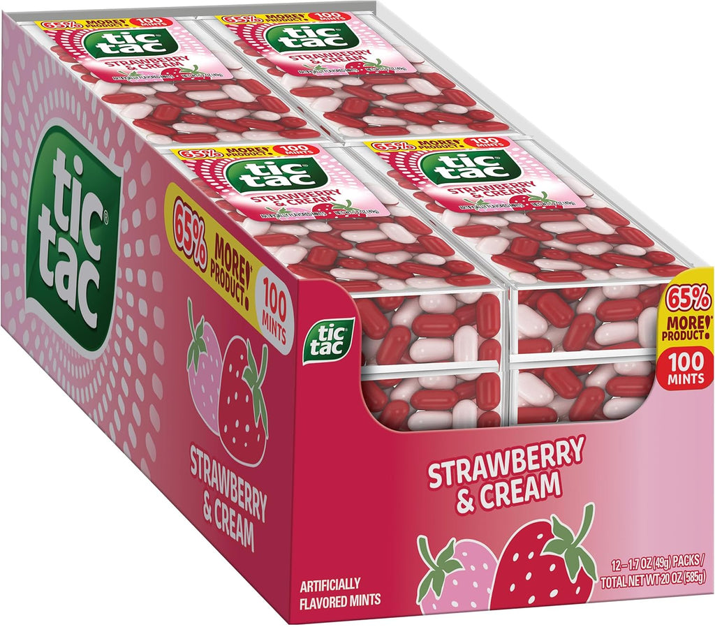 Tic Tac Strawberry & Cream, On-the-Go Pocket-Sized Mints, 100 pieces, Bulk 12 Pack, 1.7 oz Each
