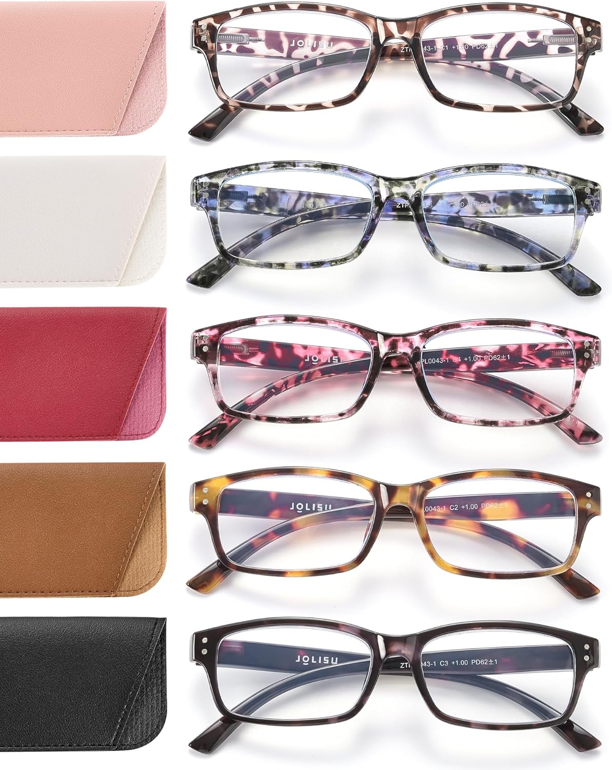 JOLISU Reading Glasses for Women Men - 5 Pack Ladies Stylish Readers Computer Eyeglasses W/Spring Hinge - Blue Light Blocking Glasses Anti Eyestrain 2.0