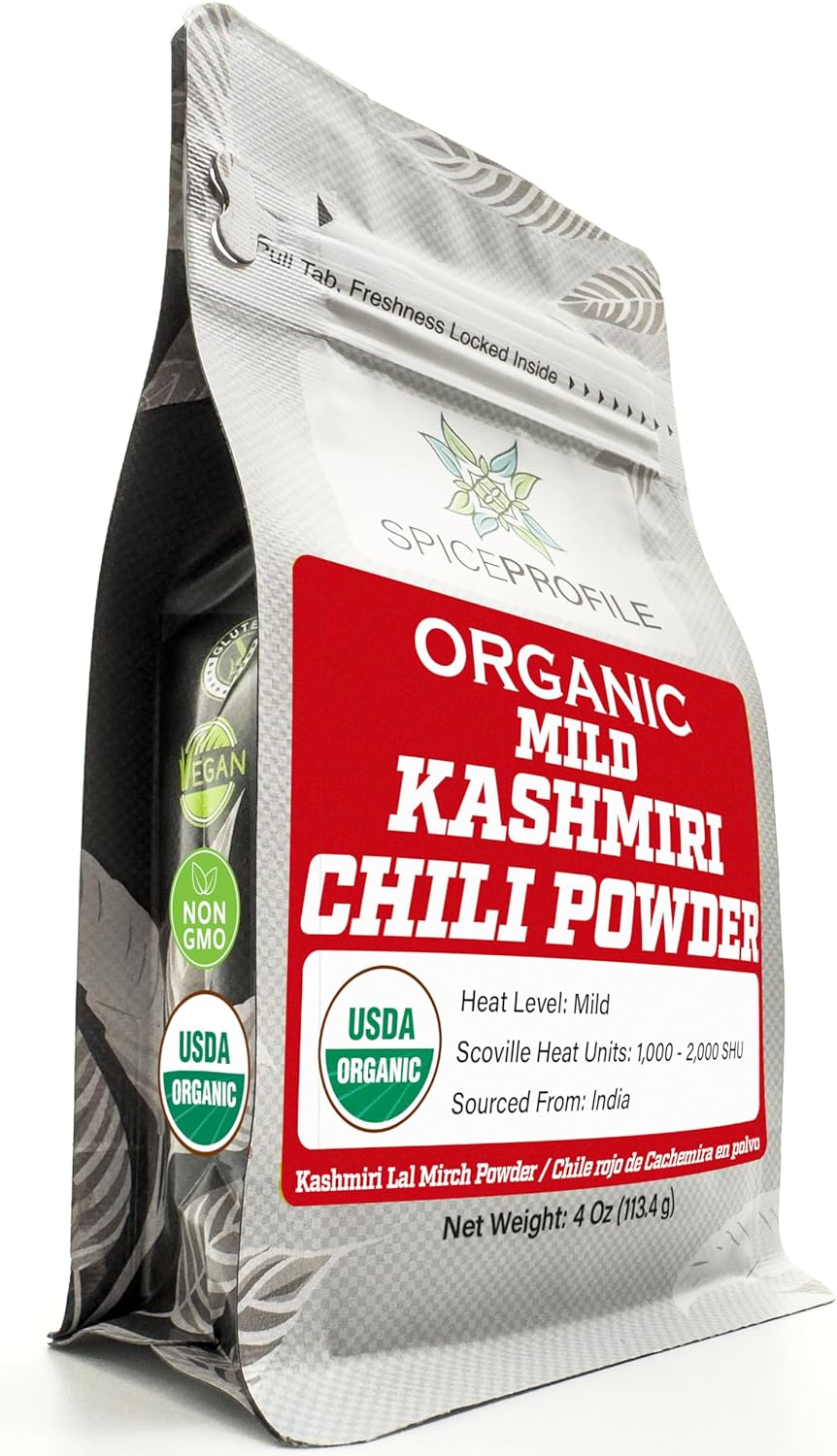 Spice Profile USDA Organic Low Heat Kashmiri Chili Powder, 4 oz, Lab Tested for Heavy Metals, Milder than Deggi Mirch Chilli, Chile rojo de Cachemira en polvo