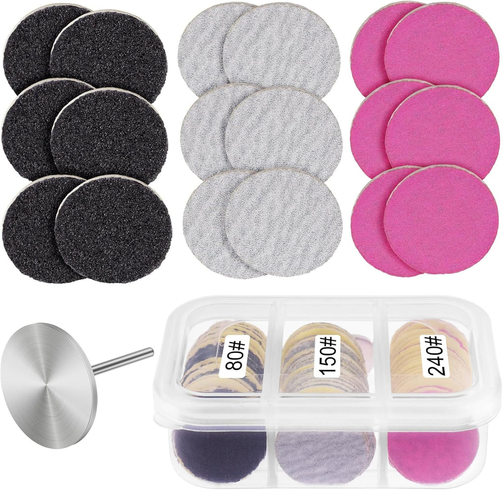 Rolybag 60Pcs Sanding Paper Discs with Metal Nail Drill Bit 25mm Pedicure Disc Replacement Sanding Discs Bits for Nail Drill Foot Files Electric Remover Dead Skin Callus (#80#150#240 Grit)