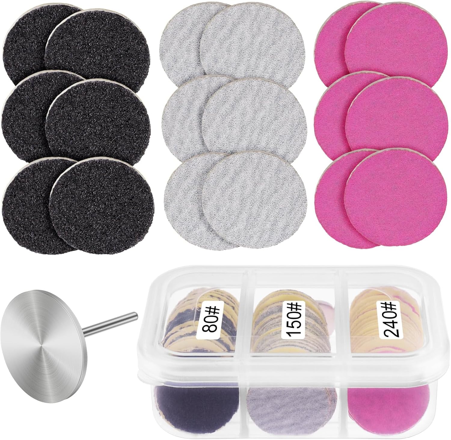 Rolybag 60Pcs Sanding Paper Discs with Metal Nail Drill Bit 25mm Pedicure Disc Replacement Sanding Discs Bits for Nail Drill Foot Files Electric Remover Dead Skin Callus (#80#150#240 Grit)