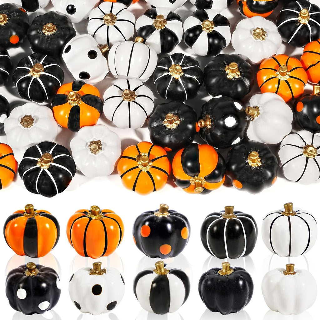 Rileryan 20 PCS Miniature Resin Figurines Mini Resin Pumpkin Figurines Black White Orange Tiny Pumpkins Halloween Miniatures Village Decor Tabletop Centerpiece Mantel Kitchen Home Decoration