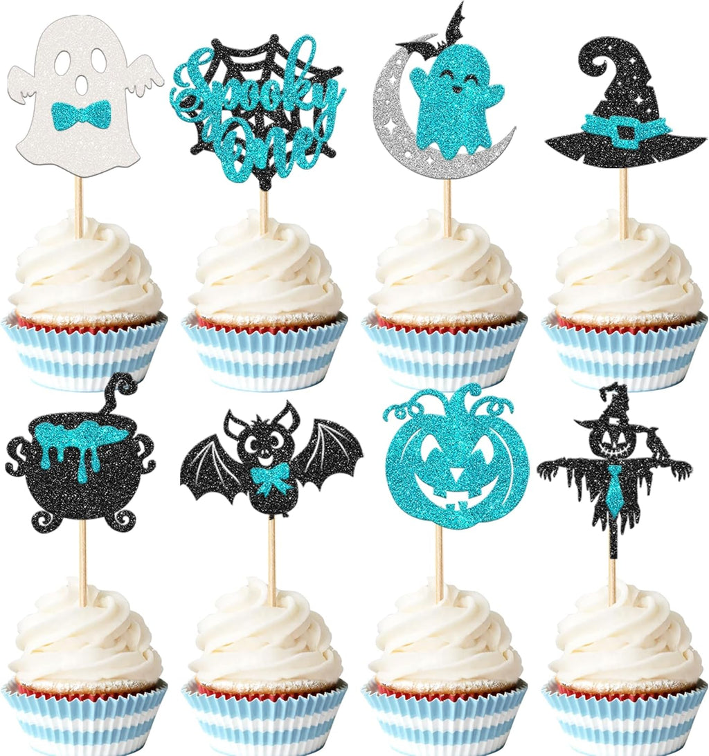 Rsstarxi 24 Pack Halloween Spooky One Cupcake Toppers Glitter Bat Spider Pumpkin Ghost 1st Birthday Cupcake Picks for Halloween Baby Shower Boys First Birthday Party Cake Decorations Blue