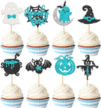 Rsstarxi 24 Pack Halloween Spooky One Cupcake Toppers Glitter Bat Spider Pumpkin Ghost 1st Birthday Cupcake Picks for Halloween Baby Shower Boys First Birthday Party Cake Decorations Blue