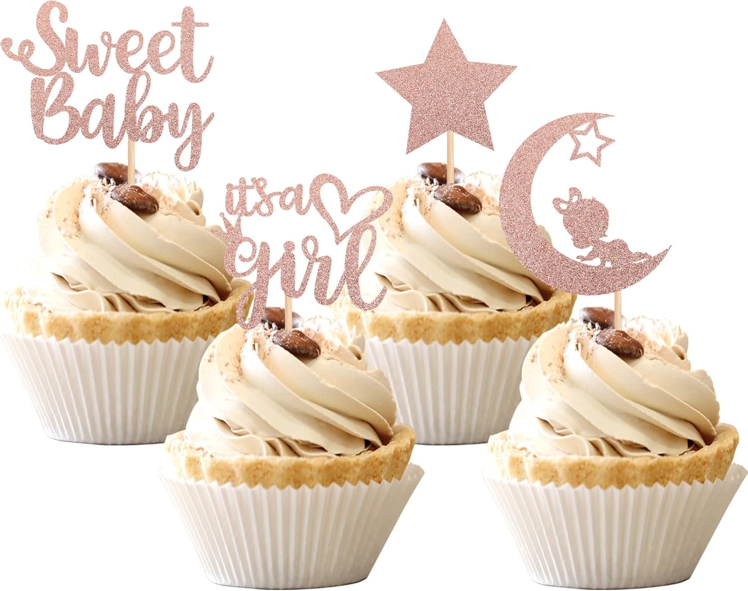 36 PCS Baby Shower Girl Cupcake Toppers with Moon Glitter Star It's a Girl Sweet Baby Gender Reveal Cupcake Picks Baby Shower Kids Girls Birthday Party Cake Decorations Supplies Rose Gold