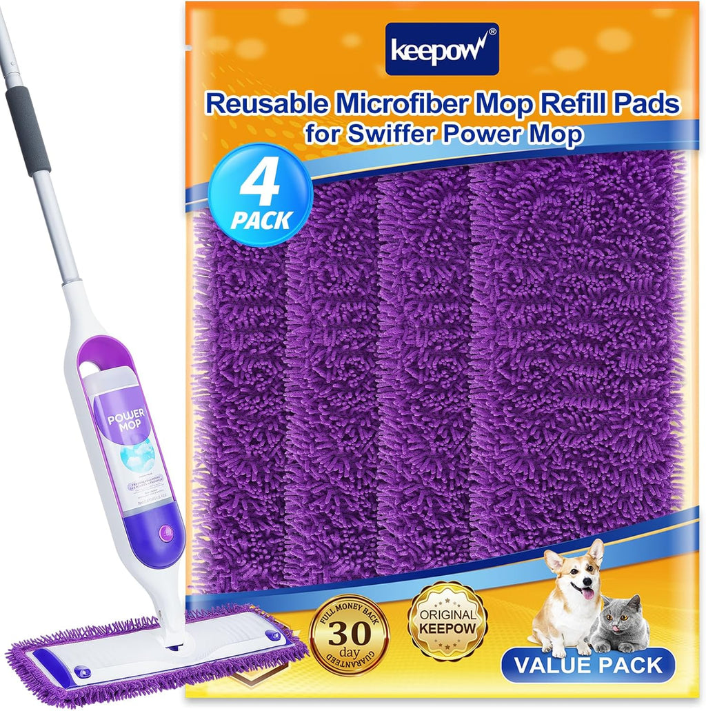 KEEPOW Reusable Microfiber Mop Pads Compatible with Swiffer PowerMop 4 Pack, Power Mop Pads Refills for 13 ''-15 '' Spray Mop, Machine Washable Pad Replacement for Multi-Surface Floor Cleaning