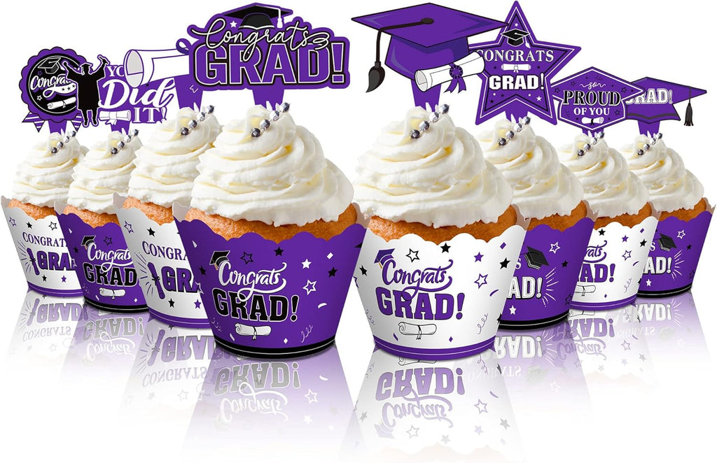 Lincia 96 Pcs 2026 Graduation Cupcake Toppers 2026 Graduation Cupcake Liners Decorations with Picks, Grad Party Supplies Cake Topper and Wrappers(Purple)