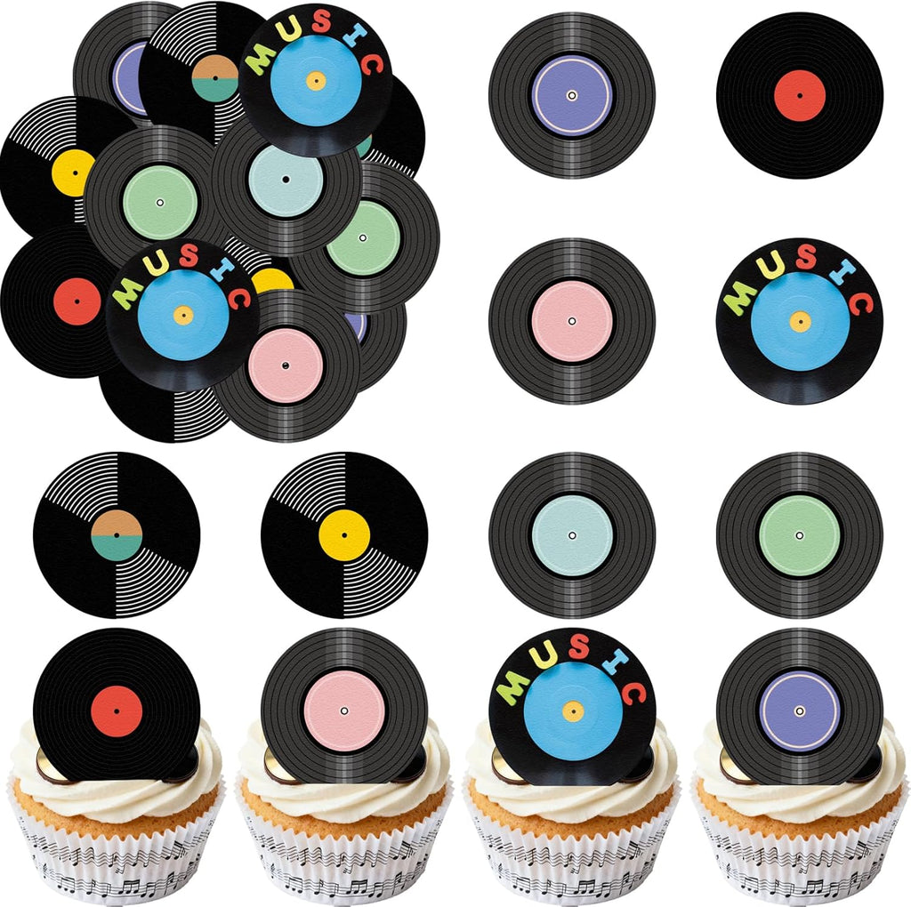 36PCS Edible Record Cupcake Toppers Wafer Paper Record CD Cupcake Picks Rock and Roll Party Decorations for Retro Vinyl Music Theme Birthday Baby Shower Supplies