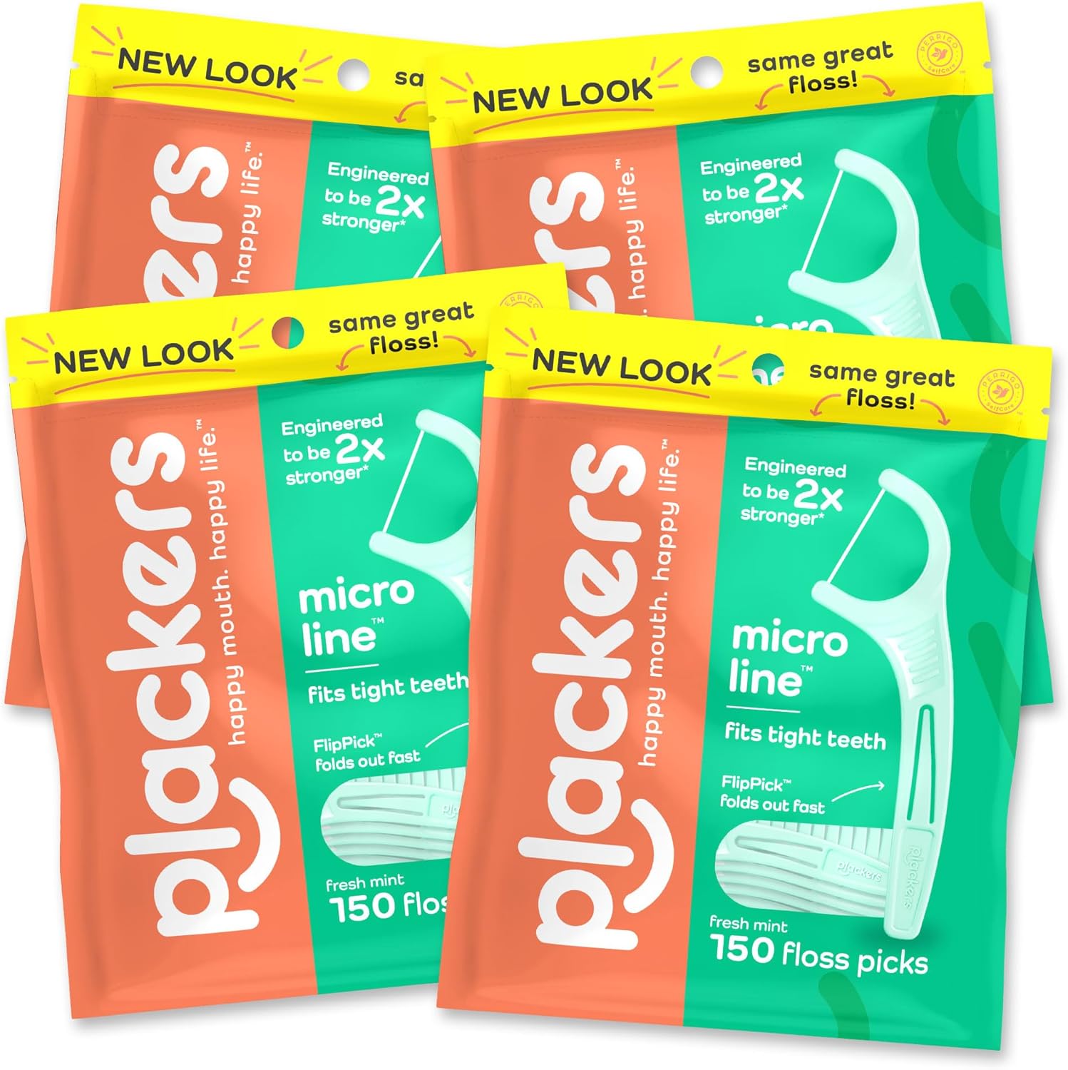 Plackers Micro Mint Dental Flossers, Fold-Out Toothpick, Super Tuffloss, Easy Storage with Sure-Zip Seal, Fresh Mint Flavor, 150 Count (Pack of 4)