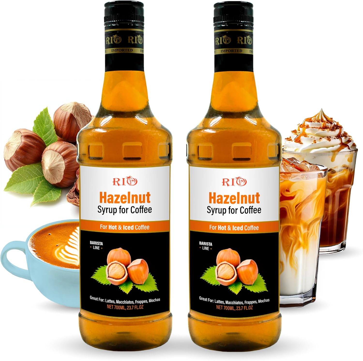 RIO Hazelnut Coffee Syrup, Perfect for Hot or Iced Drinks & Desserts, Warm & Inviting Flavor Sweetened with Pure Cane Sugar, Barista-Grade Flavor Syrups for Coffee Drinks at Home & Work - 700ml (Pack of 2)