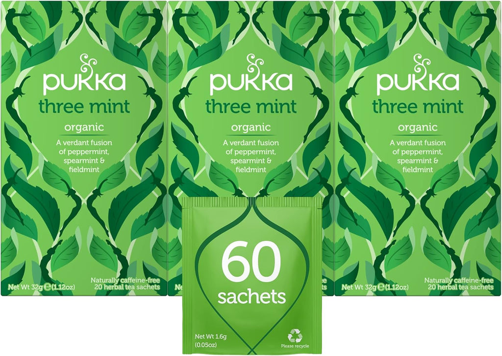 Pukka Organic Tea Bags, Three Mint Herbal Tea, Perfect for Cooling Refresh, 20 Count (Pack of 3) 60 Tea Bags