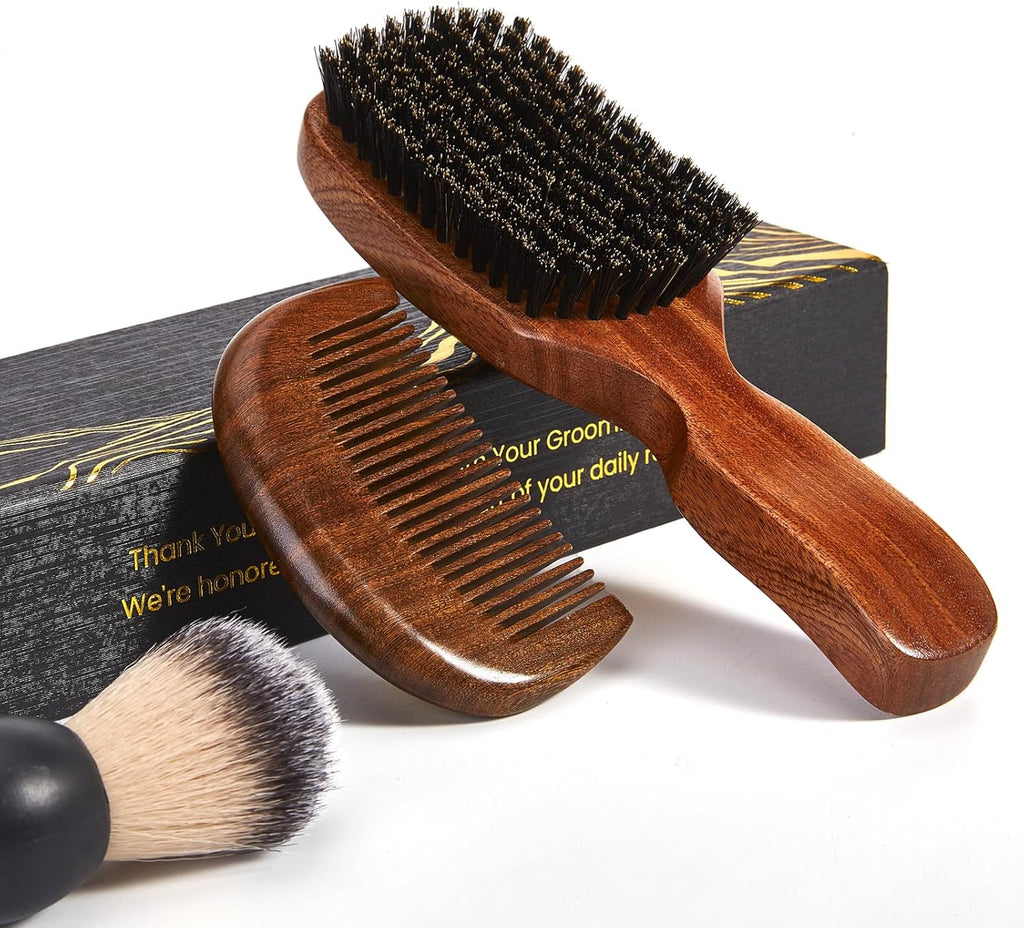Beard Brush for Men, Natural Boar Bristle Sapele Wood Brush for Beard and Hair, Men's Grooming Kit with Pocket Beard Comb for Facial Hair Styling, Growth, Shine
