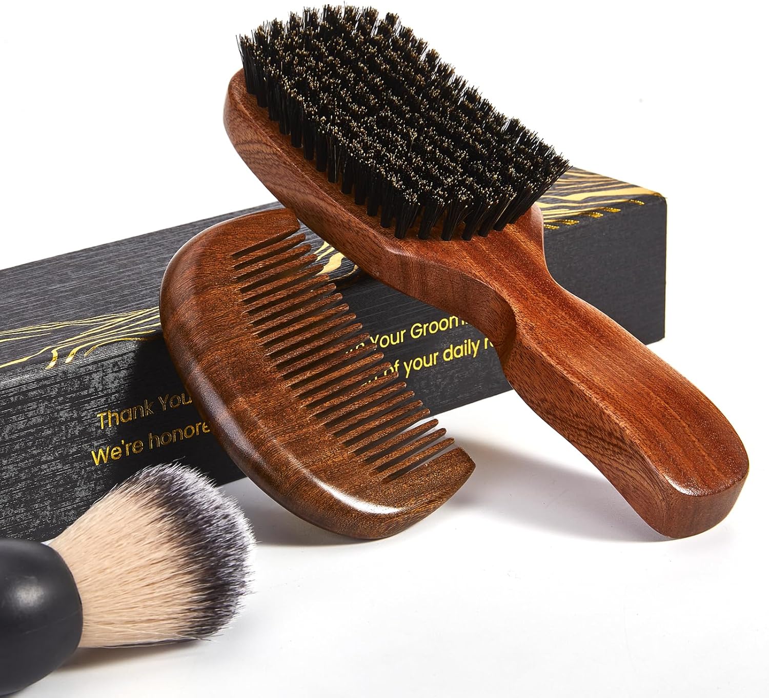 Beard Brush for Men, Natural Boar Bristle Sapele Wood Brush for Beard and Hair, Men's Grooming Kit with Pocket Beard Comb for Facial Hair Styling, Growth, Shine