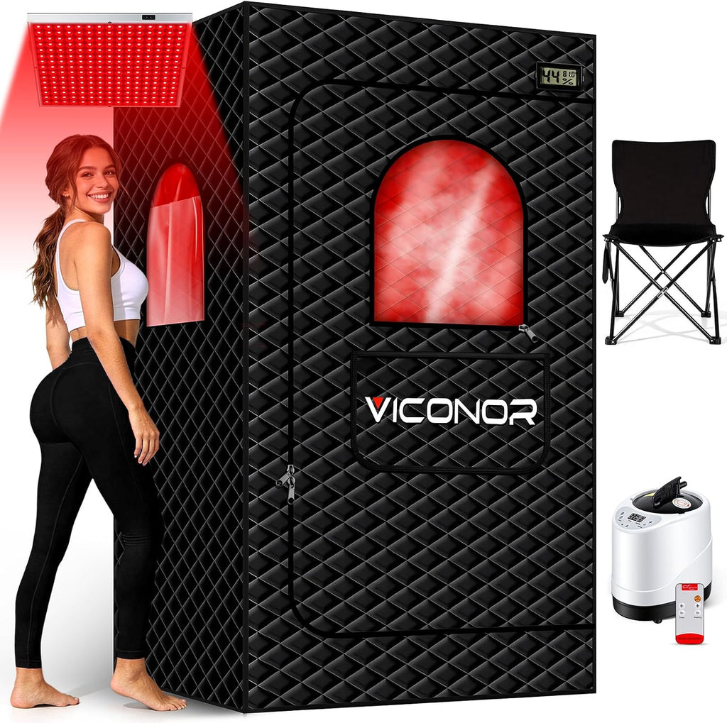 Viconor Infrared Sauna Box, Portable Steam Infrared Sauna Tent with Red Light Therapy for Home, Full Body Steam Indoor Sauna Box for Relaxation, 3L/1200W Steamer, 9 Levels Heat, Timer, Folding Chair