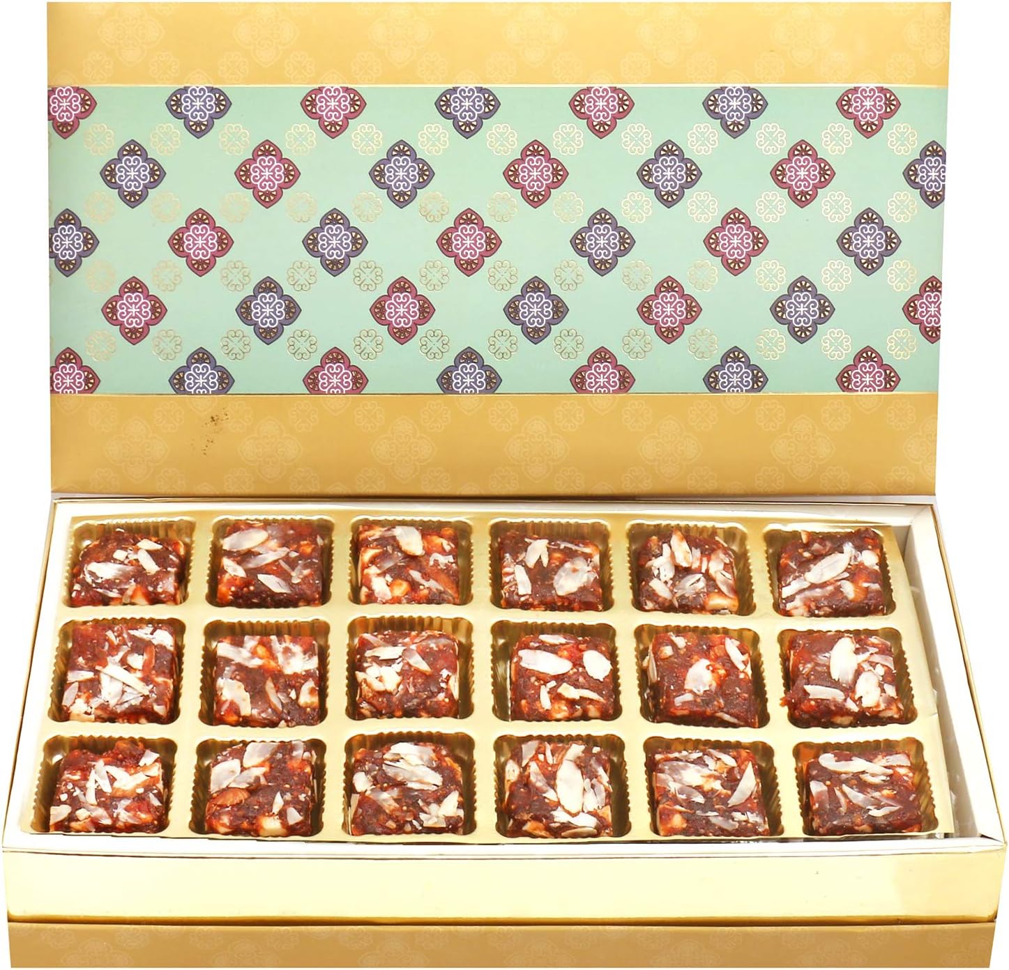 Ghasitaram Gifts Diwali Gifts Sugarfree Sweets- 5 Part Print 18 Pcs Sugarfree Dates and Figs Bites Box