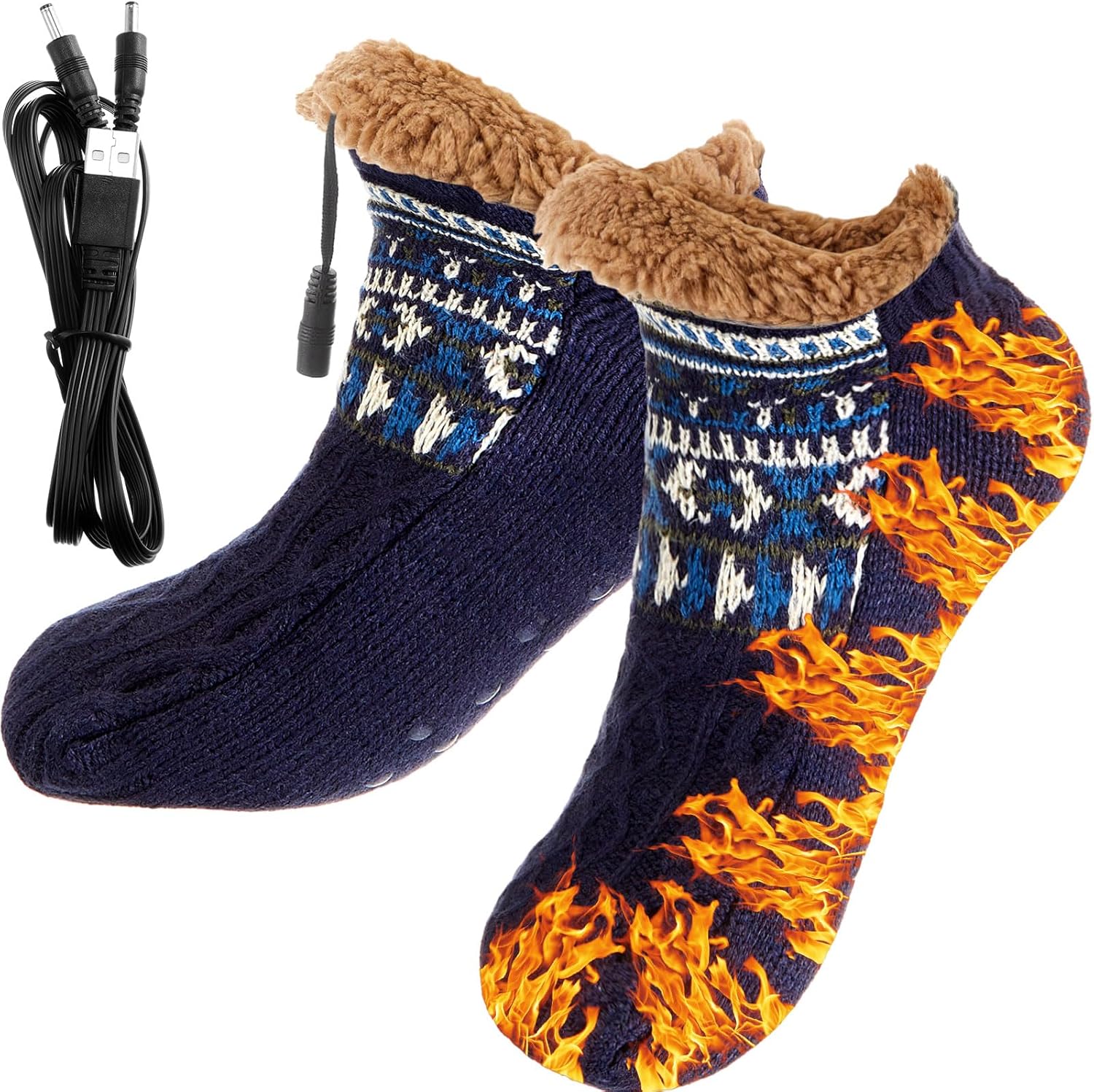 Chicingyou Electric Heated Fleece Socks for Men Women, Winter USB Heating Socks Foot Heater Anti-Slip Thermal Indoor Footwear Foot Warmer Fit for Women's 7.5-10.5 Men's 6-9