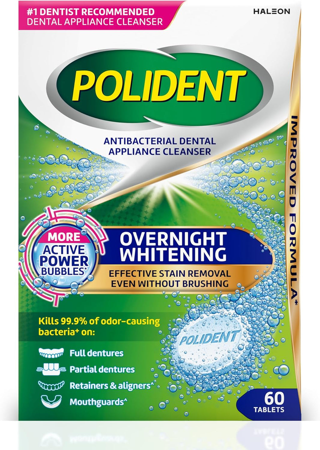 Polident Overnight Whitening Antibacterial Dental Appliance Cleanser Tablets, Mouthguard Cleaning Tablets, 60 Count