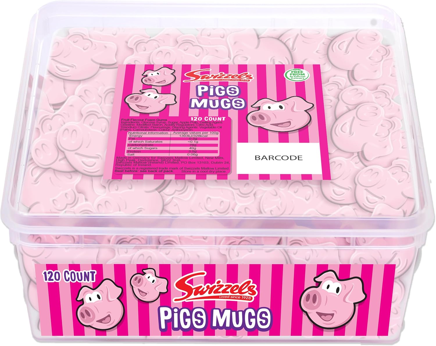 Swizzels Sweet Tubs, Fun Gums Pig's Mugs, Fruit Flavour Sweet Gums, Sharing Tub of Sweets 120ct (Pack of 3)