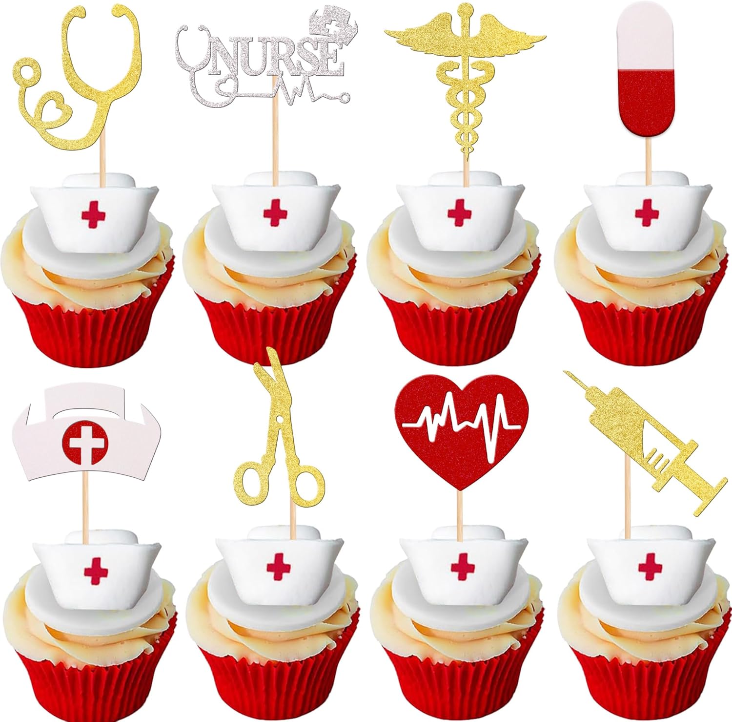 32 PCS Nurse Cupcake Toppers Glitter Nursing School Graduation Cupcake Picks Medical Rn Nurse Grad Themed Birthday Baby Shower Party Cake Decorations Supplies