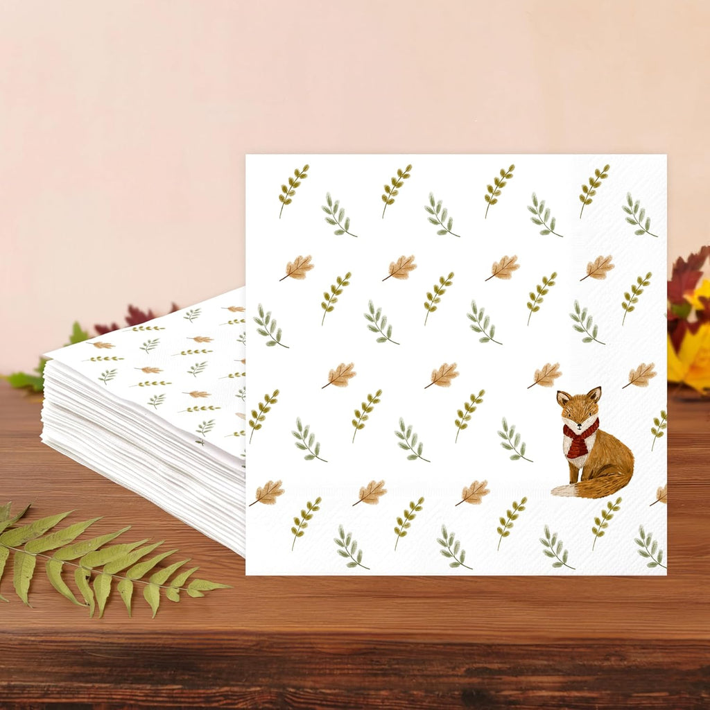 Cheerland 50 Pcs Woodland Baby Shower Fox Napkins for Fall Theme Birthday Party Decorations, Autumn Forest Fox Cocktail Napkin Luncheon for Kids Wilderness Themed Party Thanksgiving Dinner Supplies