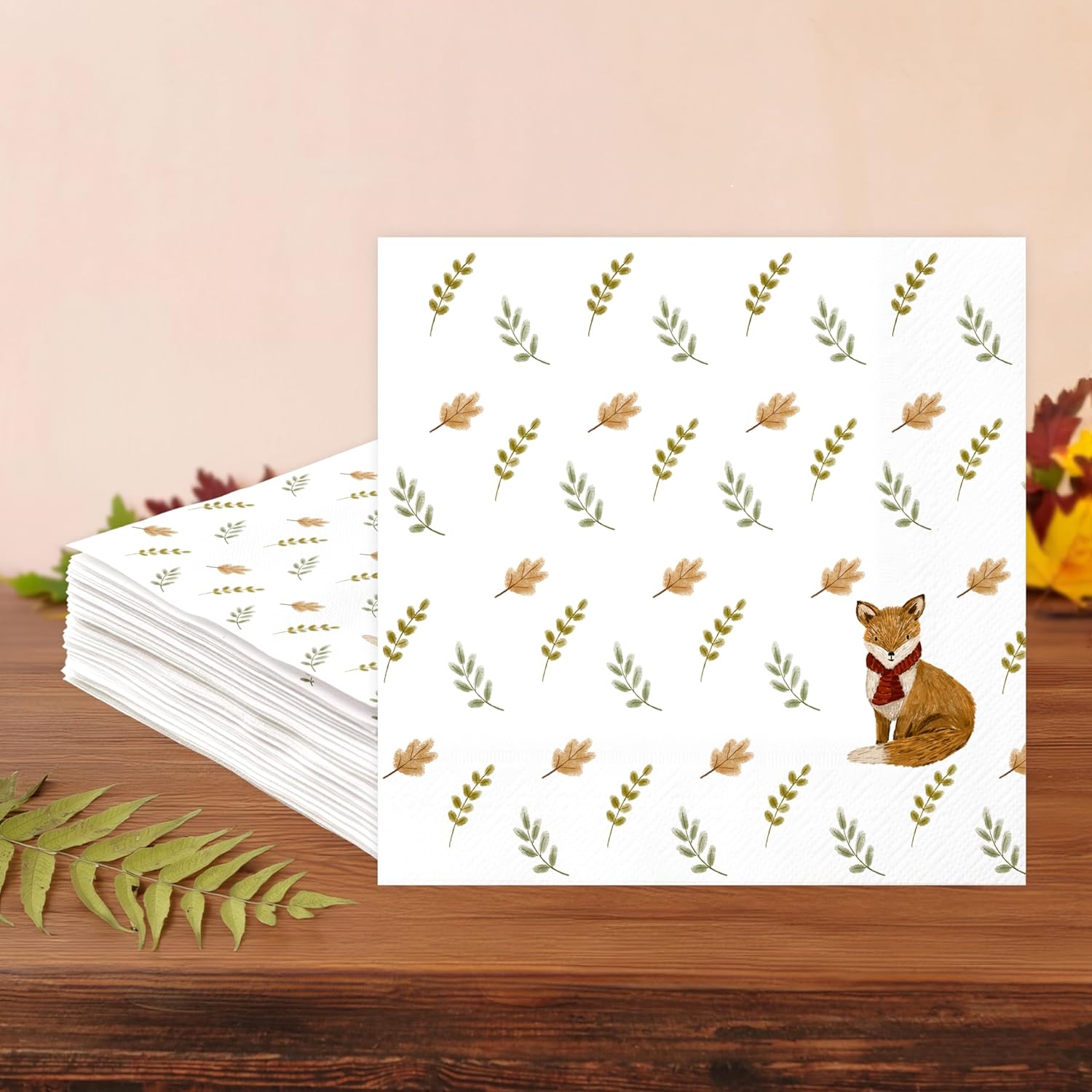 Cheerland 50 Pcs Woodland Baby Shower Fox Napkins for Fall Theme Birthday Party Decorations, Autumn Forest Fox Cocktail Napkin Luncheon for Kids Wilderness Themed Party Thanksgiving Dinner Supplies