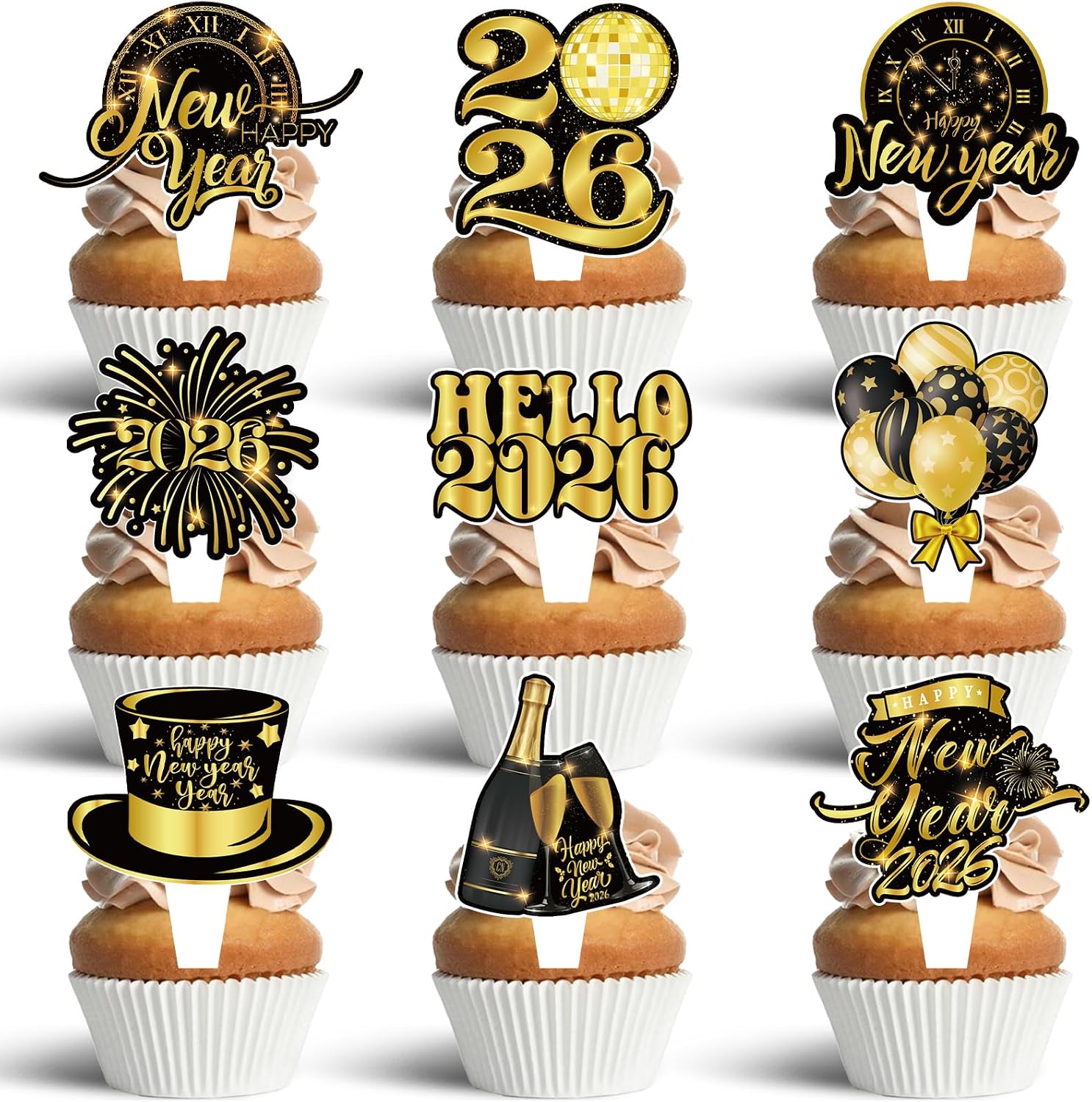 2026 New Year Cake Topper, 36Pcs Black Gold Elegant Cupcake Toppers for New Year's Eve Party Decoration Supplies