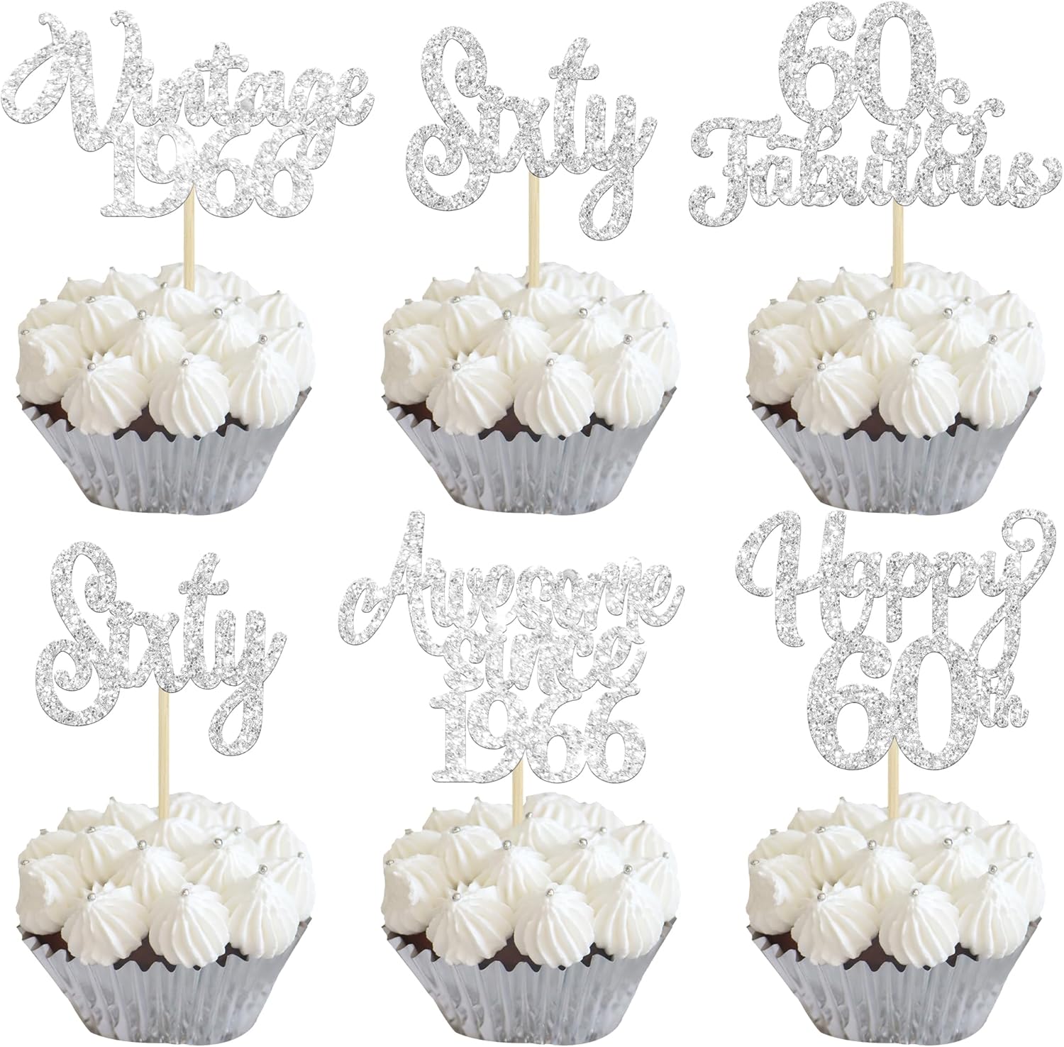 30Pcs Happy 60th Birthday Cupcake Toppers Glitter Sixty Vintage 1966 Cupcake Picks Cheers to 60 Fabulous Cake Decorations for 60th Birthday Wedding Anniversary Party Supplies Silver