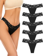 voenxe Seamless Thong for Women,No Show Lace Underwear,Ladies Cotton Blend Breathable Panties,Comfort Soft Undie,Tanga,5-Pack