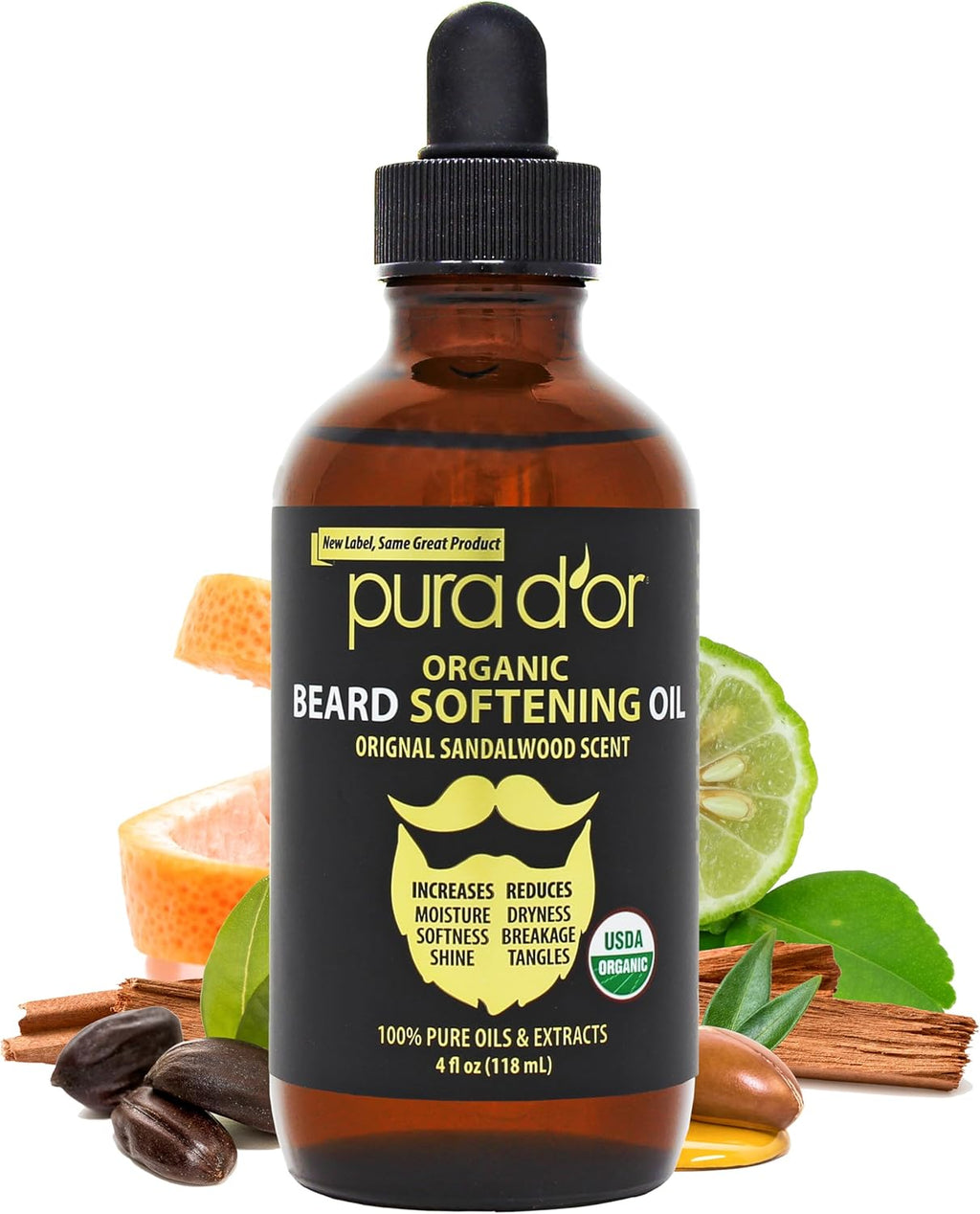 PURA D'OR 4 Oz ORGANIC Beard Softening Oil - Original Sandalwood Scent - Leave-In Conditioner, Argan & Jojoba Oil - Mustache Care & Maintenance, Increase Softness & Strength - Beard Hair, Skin & Face