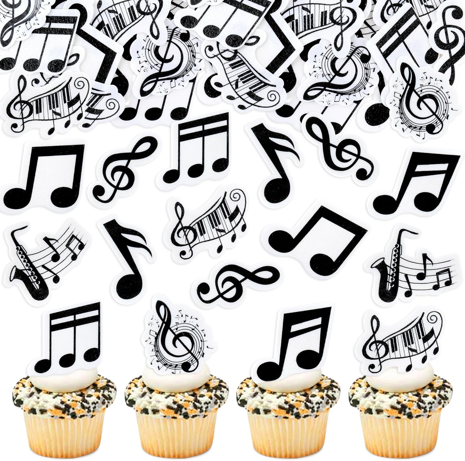 Ercadio 40Pcs Edible Music Notes Cupcake Toppers Black Musical Symbol Cupcake Picks for Musical Theme Baby Shower Music Lover Birthday Concert Party Cake Decorations Supplies