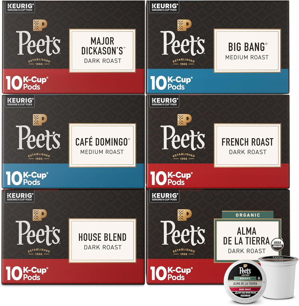 Peet's Coffee, Keurig K-Cup Pods Variety Pack, 100% Arabica Coffee - Major Dickason's Blend, Big Bang, French Roast, Café Domingo, Organic Alma De La Tierra, House Blend, 60 CT (6 Boxes of 10 Pods)