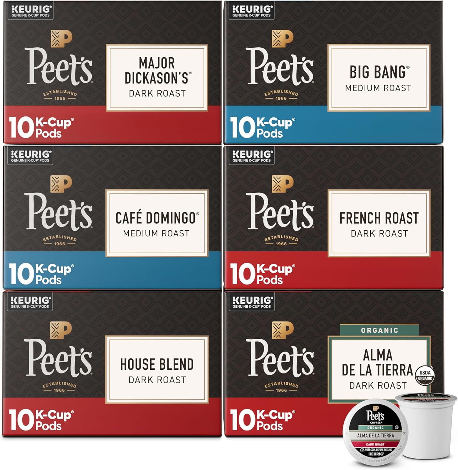 Peet's Coffee, Keurig K-Cup Pods Variety Pack, 100% Arabica Coffee - Major Dickason's Blend, Big Bang, French Roast, Café Domingo, Organic Alma De La Tierra, House Blend, 60 CT (6 Boxes of 10 Pods)