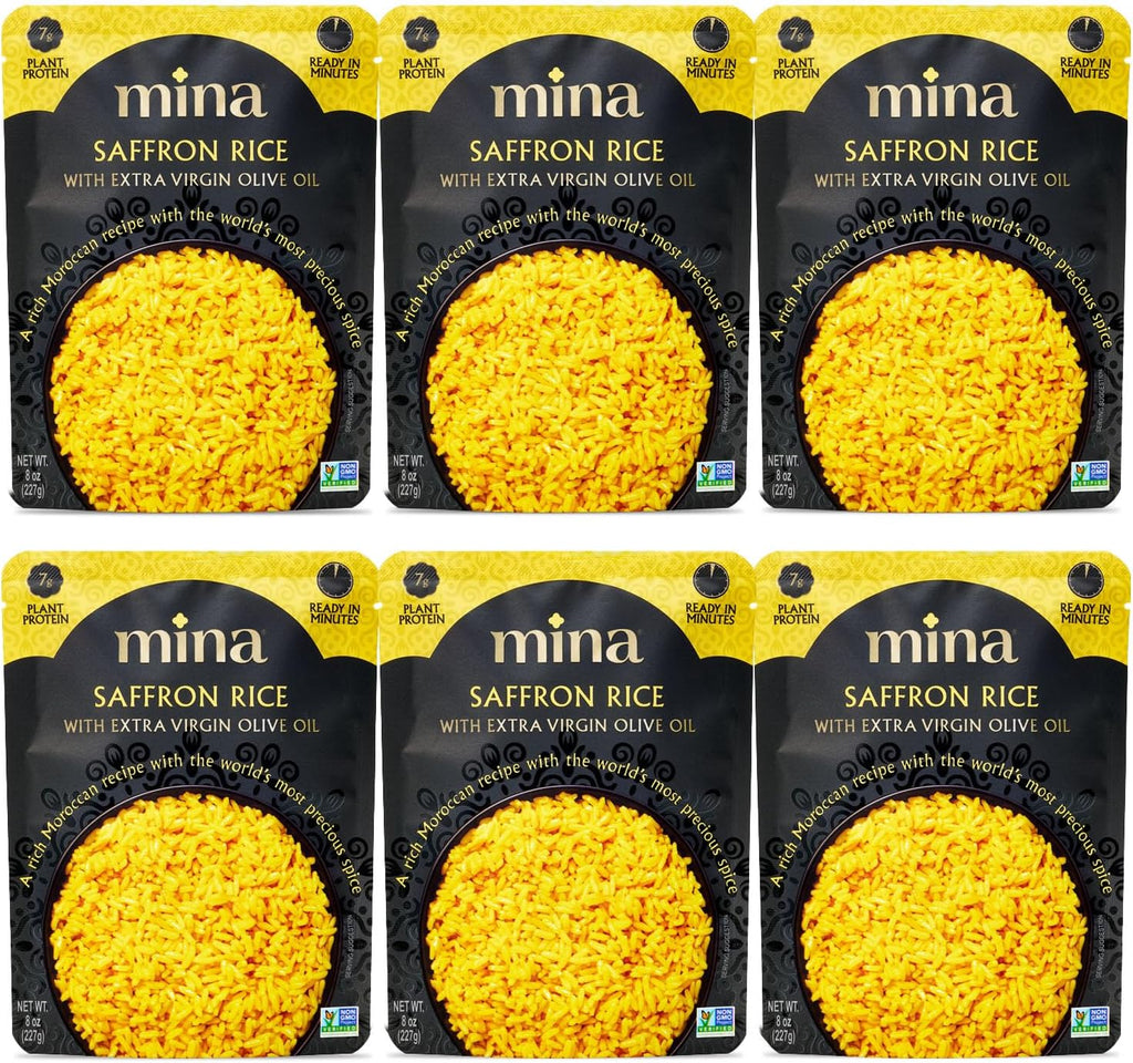 Mina Saffron Rice, Yellow Rice, With Extra Virgin Olive Oil, Ready to Eat Rice Pilaf, Side Dishes, Microwave Rice, Vegan Protein, Non-GMO, Gluten-Free, Kosher, 8 oz (Pack of 6)
