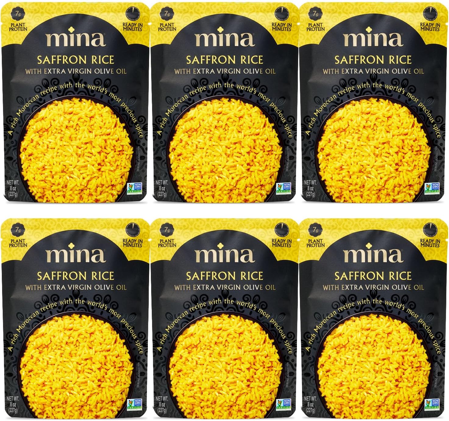 Mina Saffron Rice, Yellow Rice, With Extra Virgin Olive Oil, Ready to Eat Rice Pilaf, Side Dishes, Microwave Rice, Vegan Protein, Non-GMO, Gluten-Free, Kosher, 8 oz (Pack of 6)
