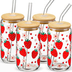 Glass Cups with Lids and Straws with Design Strawberry 4 pcs,Clear Glass Cups 16 oz-DWTS Drinking Glasses Set,Glass Tumbler,Cute Design Glass Iced Coffee Cups with Lids and Straws
