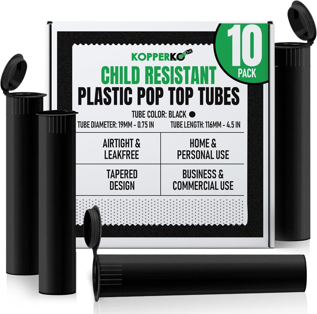 Mini Pill Bottle (116mm, 4.6 Inch 10-Pack) | Child Resistant Plastic Tube Containers | Small Storage Tubes for Spices | Airtight, UV Resistant & Waterproof (Black Plastic)