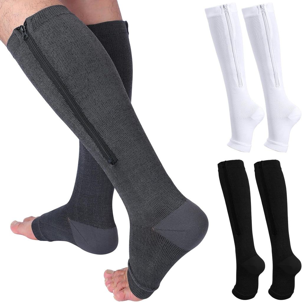 Nuanchu 3 Pairs Open Toe Zipper Compression Socks 20-30mmhg Zipper Compression Toeless Knee High Socks for Men Swelling Edema