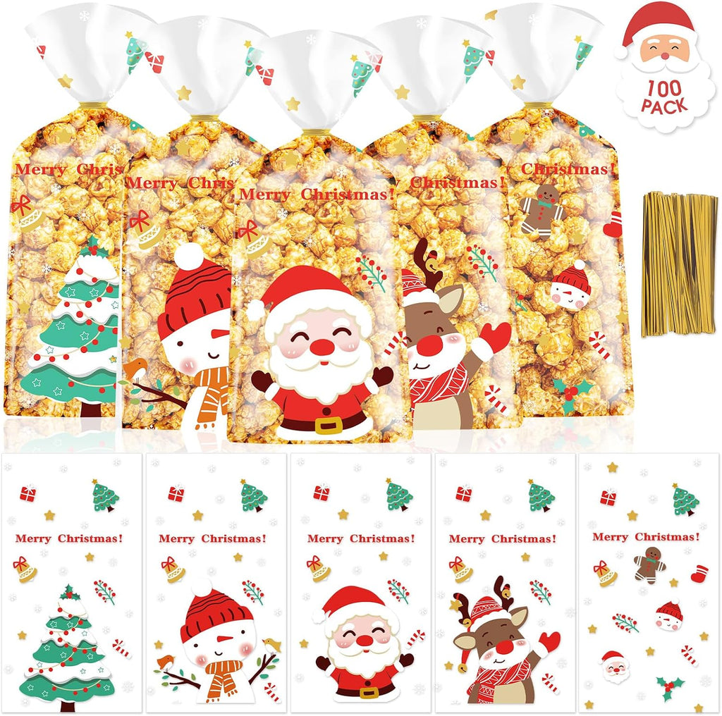 PADELO 100 Pcs Christmas Treat Bags - Merry Christmas Candy Bag, Plastic Xmas Cellophane Cello Goodie Goody Cookie Gift Snack Bags with Twist Ties for Goodies Present Wrap Xmas Party Favors Supplies