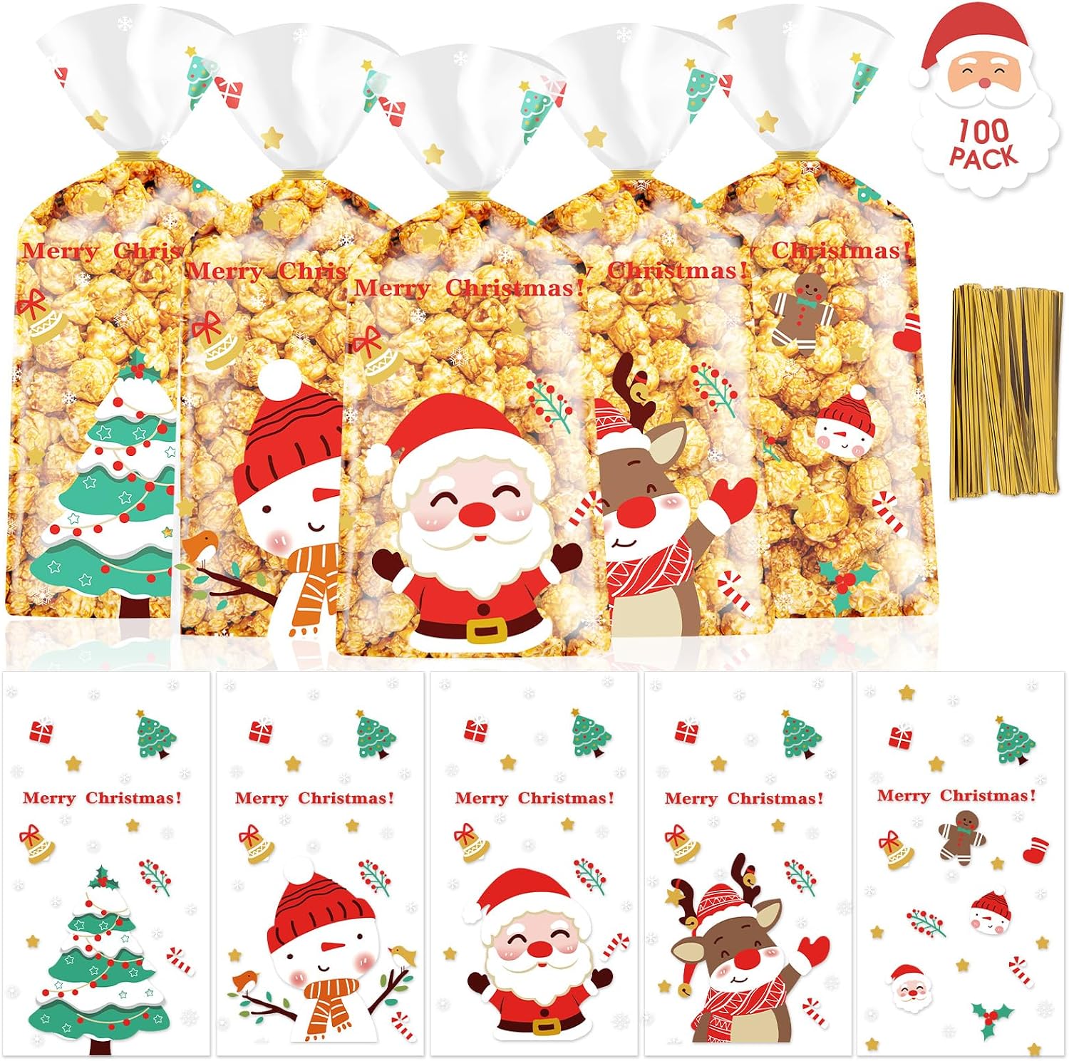 PADELO 100 Pcs Christmas Treat Bags - Merry Christmas Candy Bag, Plastic Xmas Cellophane Cello Goodie Goody Cookie Gift Snack Bags with Twist Ties for Goodies Present Wrap Xmas Party Favors Supplies