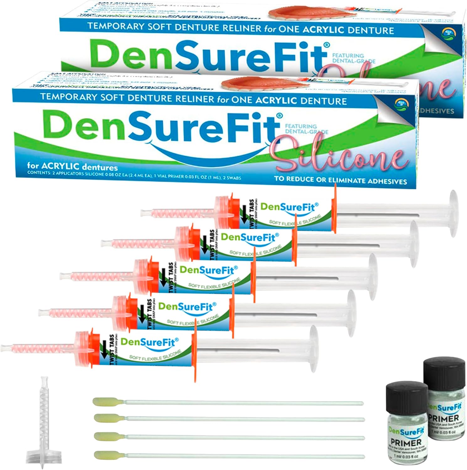 DenSureFit Upper and Lower Denture Reline Kit, Soft Silicone Denture Reliner Repair and Care Combo Kit with Extra Comfort Liner, Refit and Tighten for a Secure, Comfortable Fit