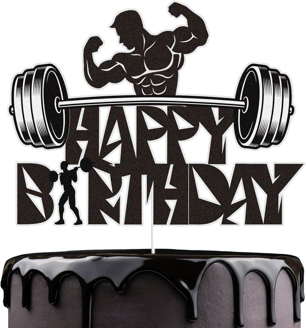 Gym Fitness Happy Birthday Cake Topper Black Glitter Cake Decorations Bodybuilding Gym Weightlifting Barbell Sports Boys Man Fitness Lover Themed Birthday Party Supplies