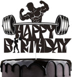 Gym Fitness Happy Birthday Cake Topper Black Glitter Cake Decorations Bodybuilding Gym Weightlifting Barbell Sports Boys Man Fitness Lover Themed Birthday Party Supplies