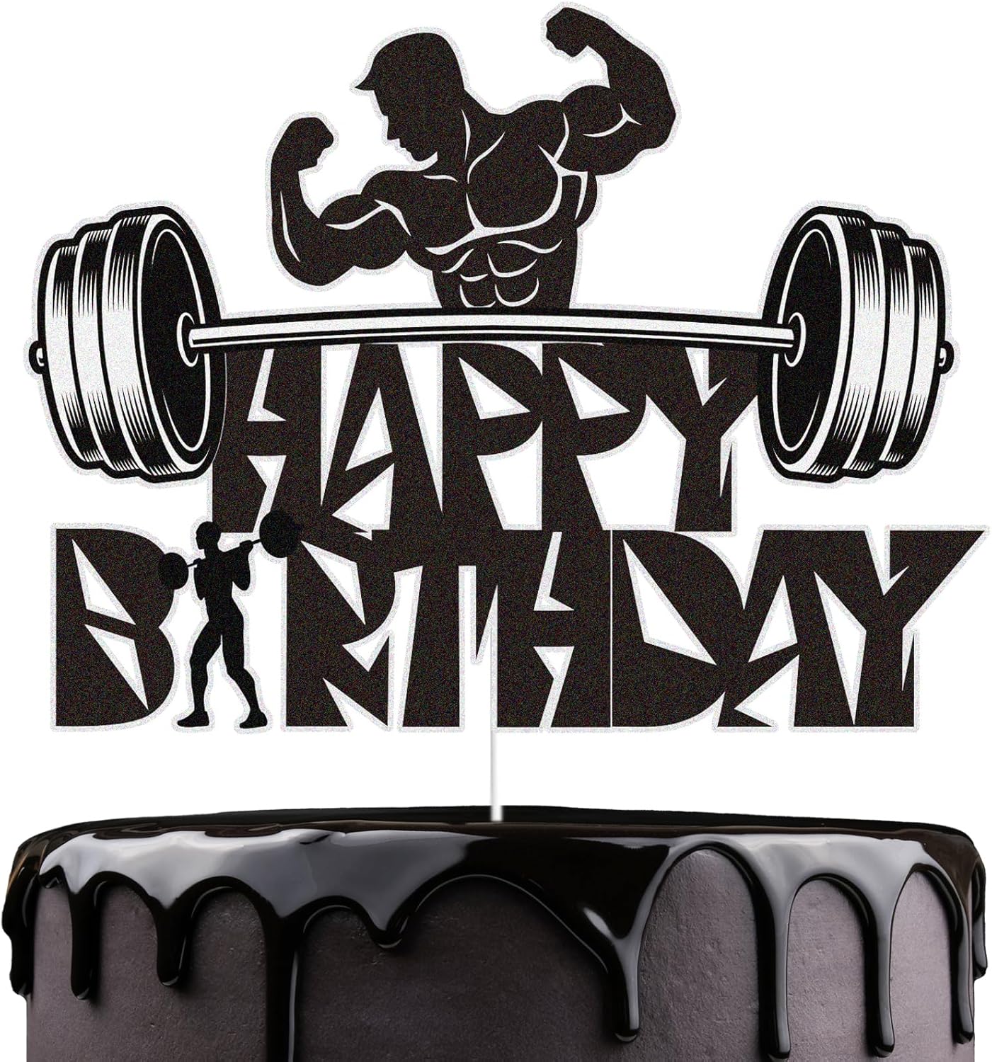 Gym Fitness Happy Birthday Cake Topper Black Glitter Cake Decorations Bodybuilding Gym Weightlifting Barbell Sports Boys Man Fitness Lover Themed Birthday Party Supplies