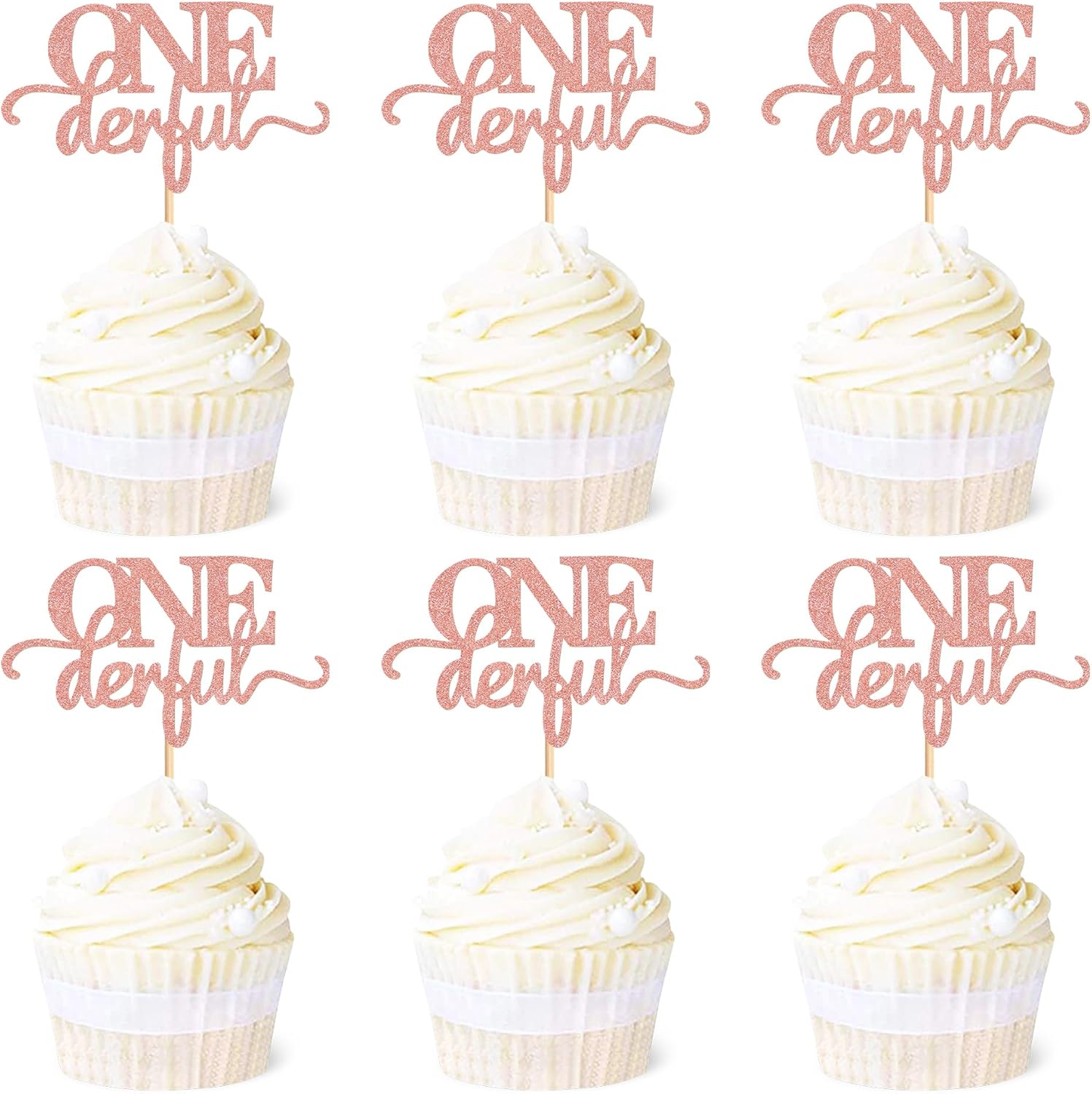 Ercadio 24 Pack Onederful Cupcake Toppers Rose Gold Glitter Onederful Cupcake Picks Onederful Cupcake Decorations for Baby Shower Kids first Birthday Theme Party Cake Decoration Supplies